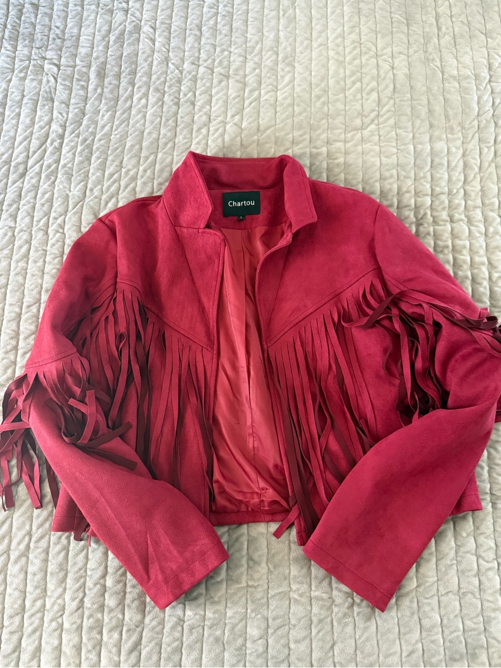 Light Red Suede like Fringe Jacket